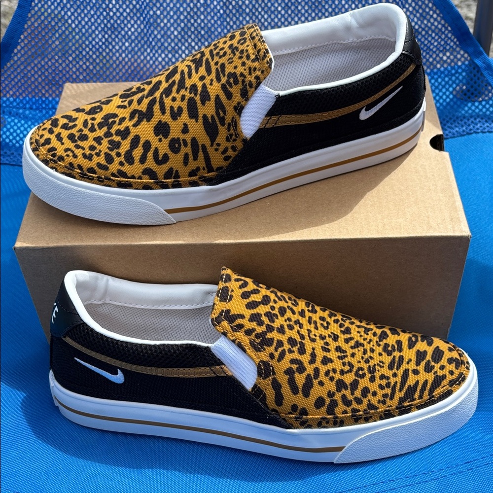 Nike Leopard Print Slip-On Sneakers - Black and Tan